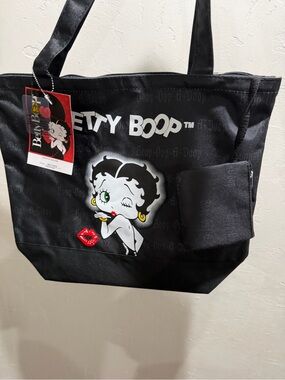Betty Boop Black Canvas Tote with Graphic Kiss Detail with Coin Purse.